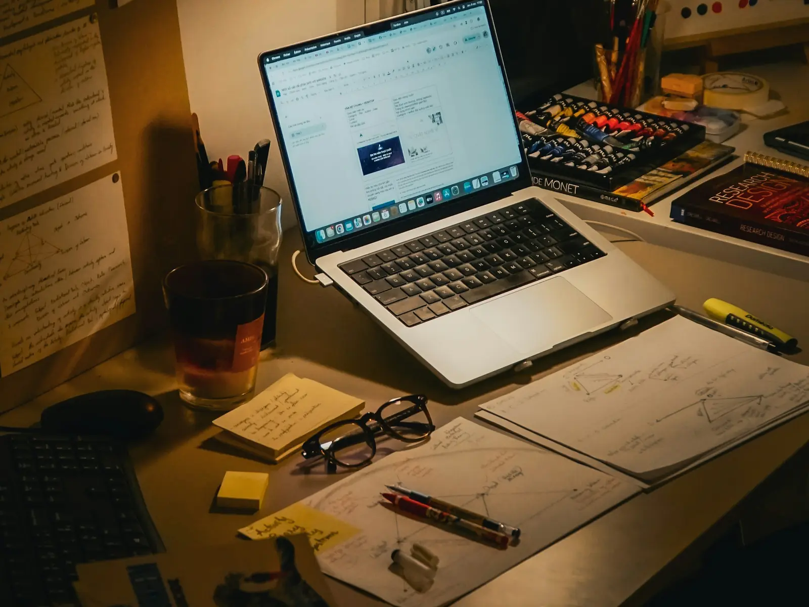 Warm beleuchteter Schreibtisch bei Nacht mit Laptop, handschriftlichen Notizen, Brille und Skizzen